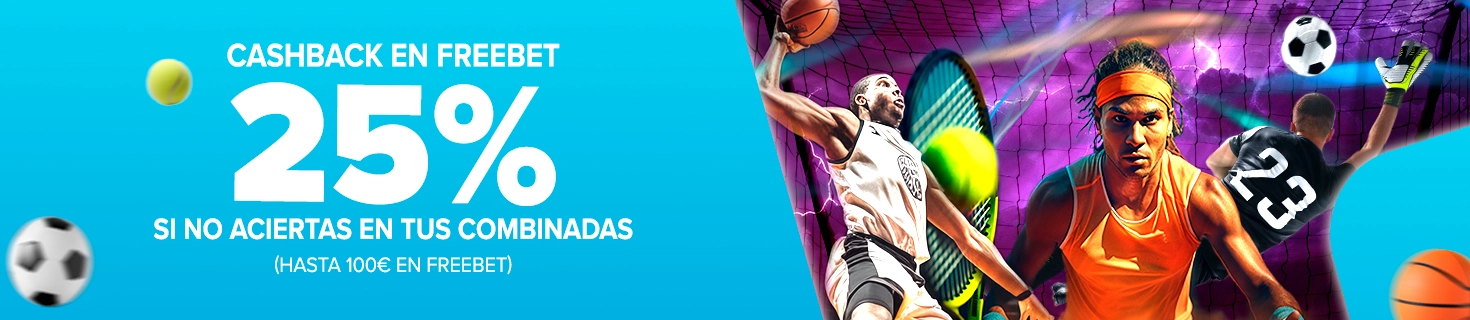 Te devolvemos el 25% en Freebets en el caso de que no aciertes por una selección.