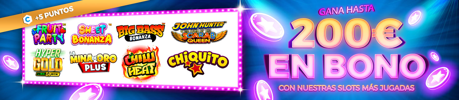Por cada 20€ jugados a las Slots más jugadas gana 10€ hasta un máximo de 200€ en Bono