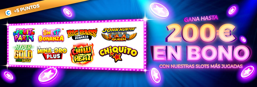 Por cada 20€ jugados a las Slots más jugadas gana 10€ hasta un máximo de 200€ en Bono